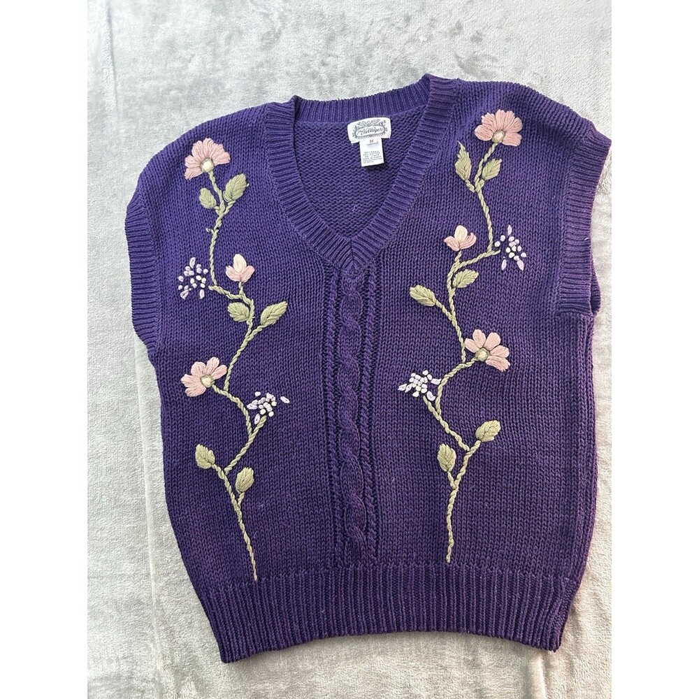 The Villager Sweater Vest Womens M Purple Floral Embroidered Ramie Cottagecore